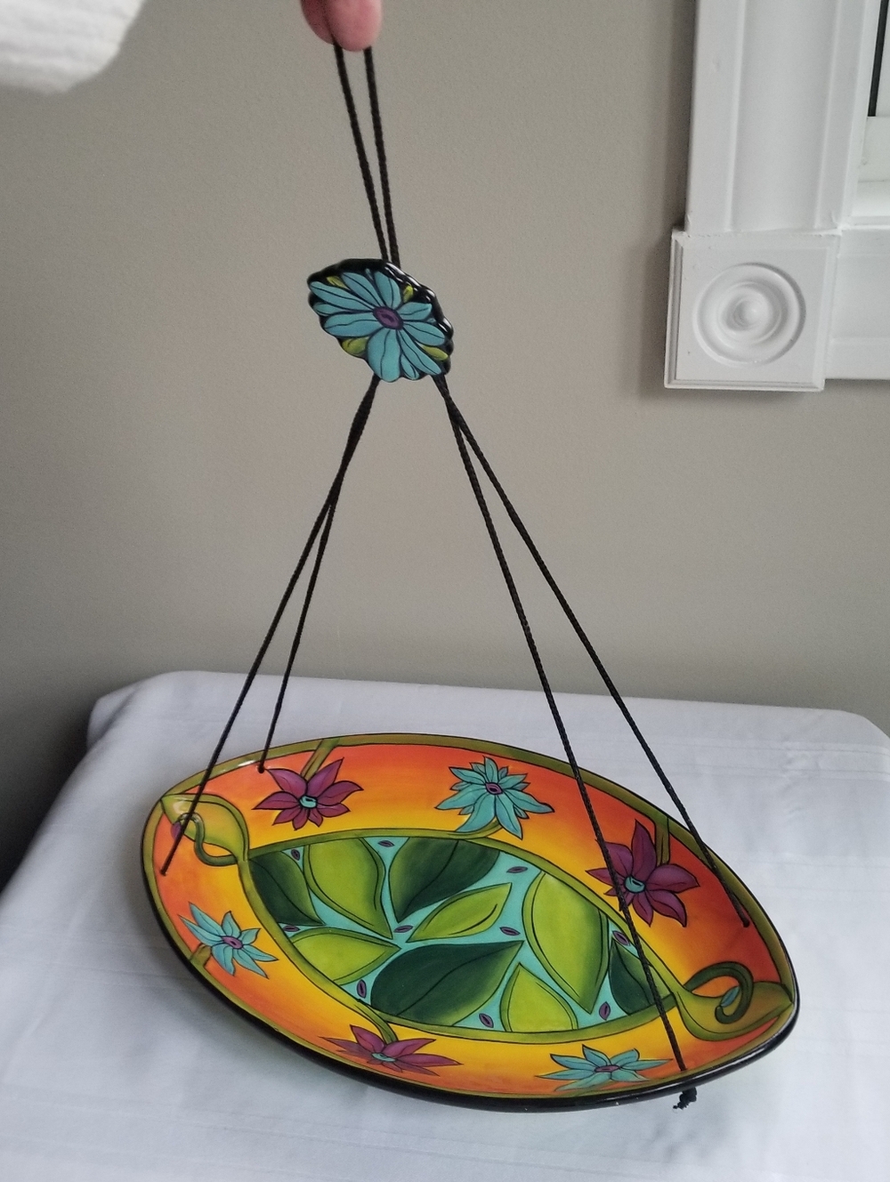 Terri Kern Artist Colorful Hand-Painted Hanging Ceramic Platter Bird Bath Feeder - Picture 5 of 9